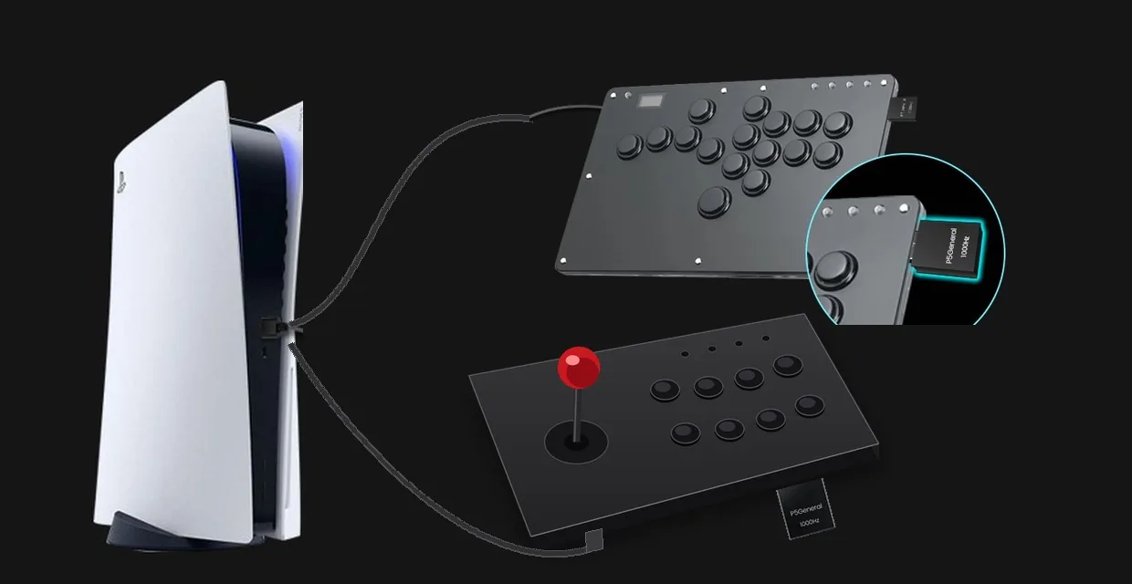 A hitbox and an arcade stick, each with a P5General, connected to one PS5